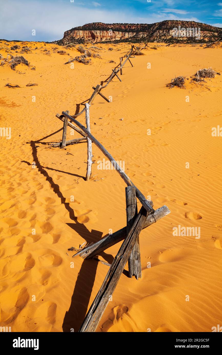 Verwitterter Wermut-Ranch-Zaun; Coral Pink Sand Dunes State Park; Utah; USA Stockfoto