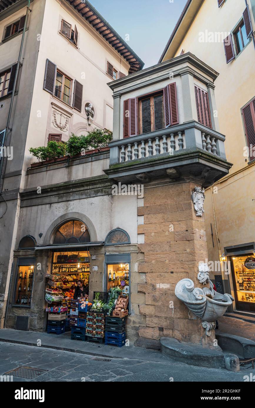 Grünkostladen mit Brunnen von Buontalenti an einer Straßenecke, Oltrarno, Florenz, Italien, Europa Stockfoto