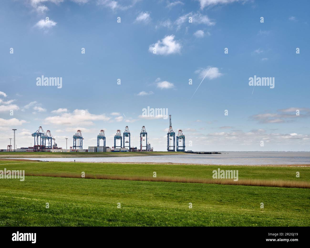 Blick auf die Containergantry der Hafentätigkeit North Sea Terminal Bremerhaven GmbH Stockfoto