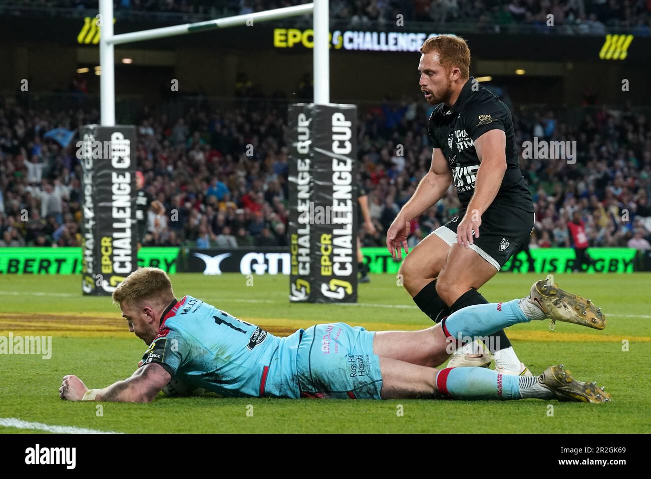 Kyle Steyn von Glasgow Warriors schießt beim ECPR Challenge Cup im Aviva Stadium in Dublin, Irland, den ersten Versuch seiner Seite. Foto: Freitag, 19. Mai 2023. Stockfoto