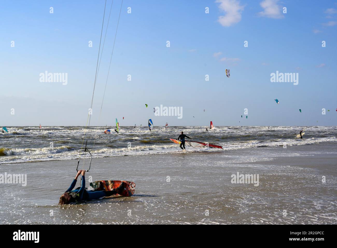 Surfer und Kitesurfer am weitläufigen Strand im Ording, St. Peter Ording, Nordfriesland, Nordseeküste, Schleswig Holstein, Ger Stockfoto