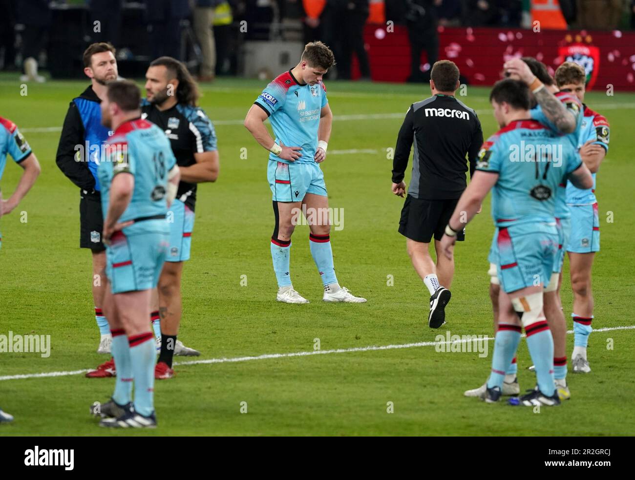 Glasgow Warriors-Spieler erscheinen nach dem ECPR Challenge Cup-Finale im Aviva Stadium in Dublin, Irland, deprimiert. Foto: Freitag, 19. Mai 2023. Stockfoto