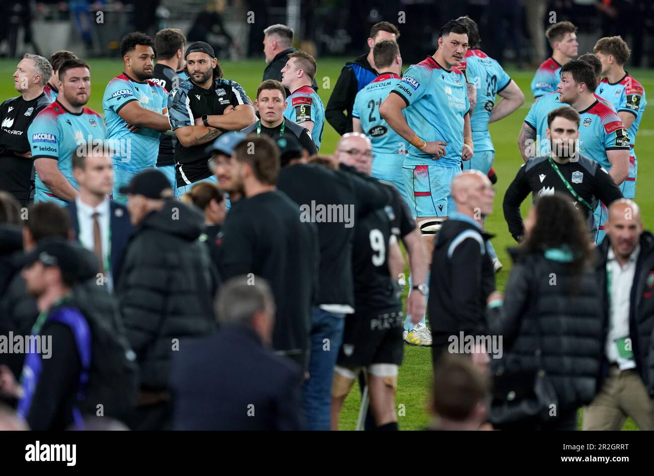 Glasgow Warriors-Spieler erscheinen nach dem ECPR Challenge Cup-Finale im Aviva Stadium in Dublin, Irland, deprimiert. Foto: Freitag, 19. Mai 2023. Stockfoto