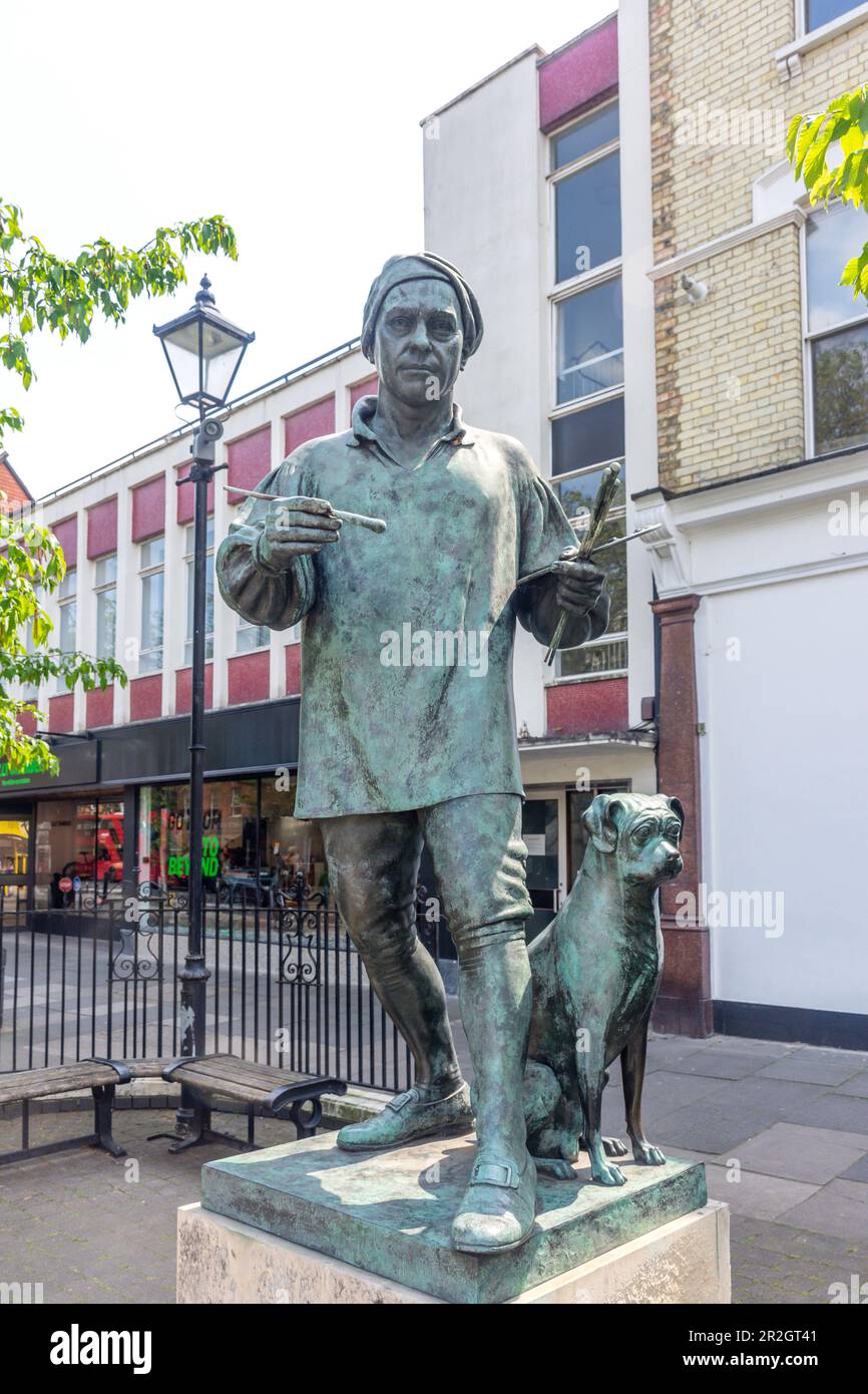 William Hogarth (englischer Maler aus dem 17. Jahrhundert) Statue, Chiswick High Road, Chiswick, London Borough of Hounslow, Greater London, England, United Kingd Stockfoto