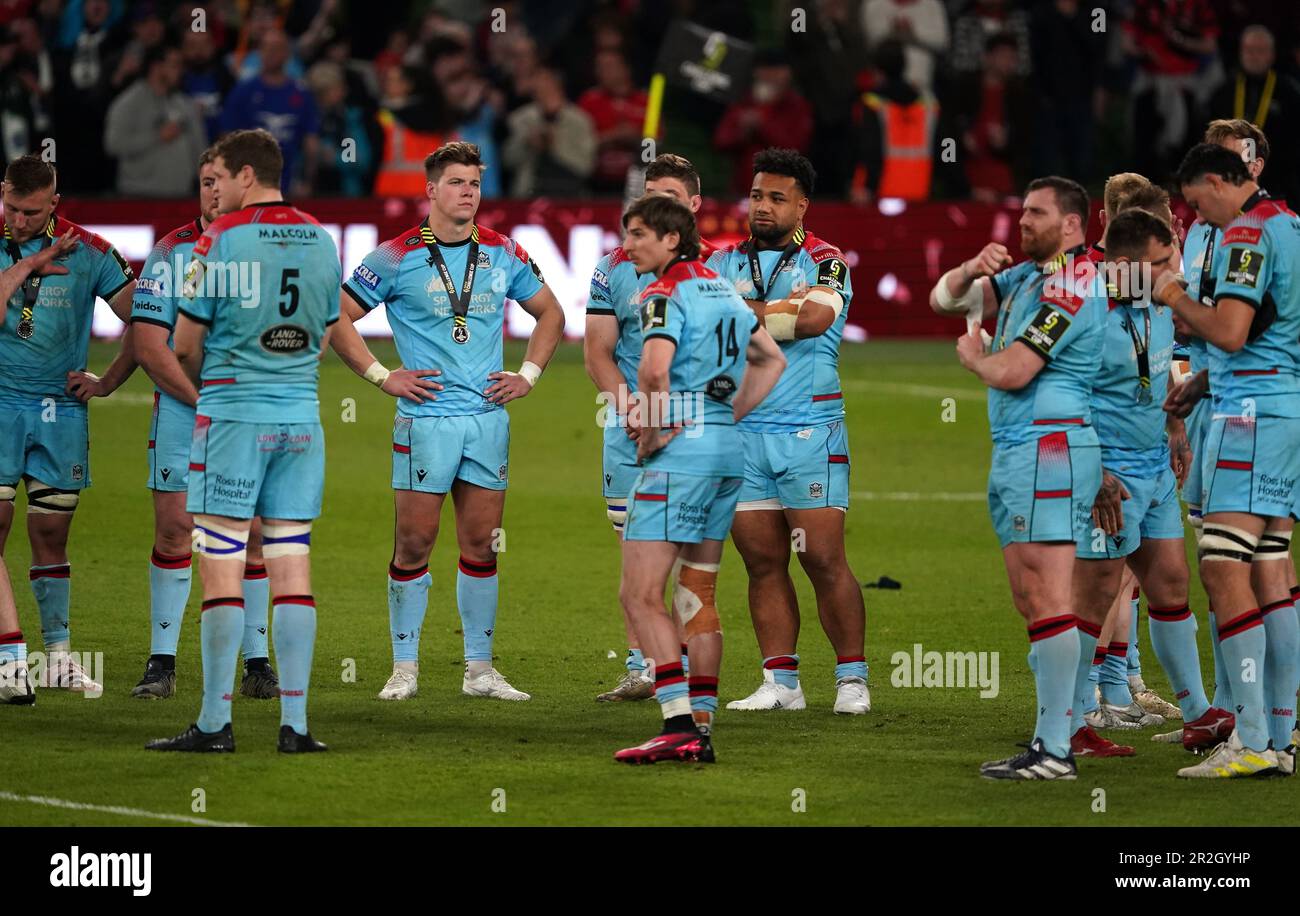 Glasgow Warriors-Spieler erscheinen nach dem ECPR Challenge Cup-Finale im Aviva Stadium in Dublin, Irland, deprimiert. Foto: Freitag, 19. Mai 2023. Stockfoto
