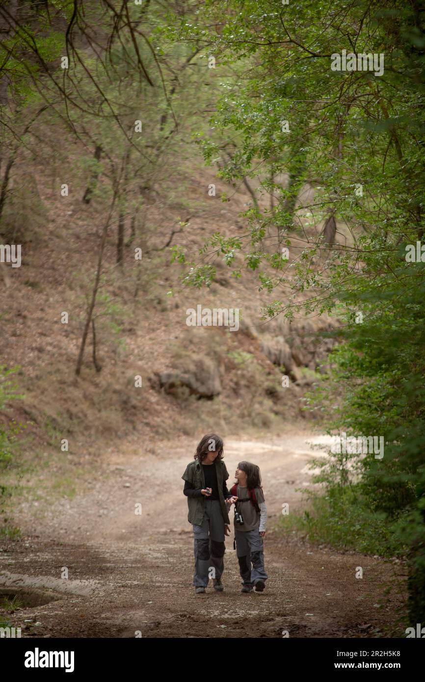 Zwei Kinder spazieren auf einem Waldweg, vertiefen sich in Gespräche, während sie die Schönheit der Natur erkunden, die Verbindung fördern und gemeinsame Erfahrungen machen. Stockfoto