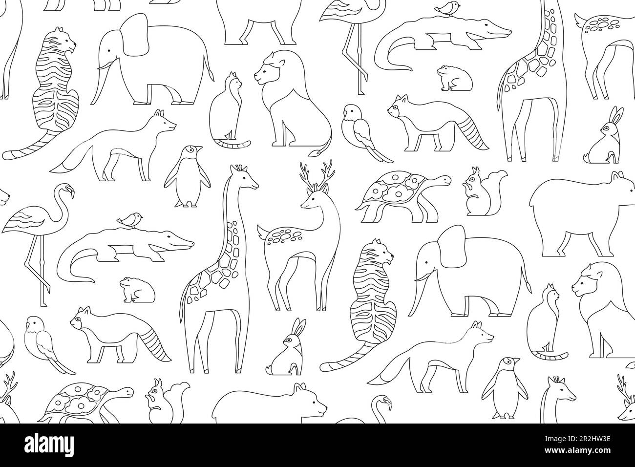 Tierkritzel lineares, nahtloses Muster. Endloser Aufdruck mit Papageienhörnchen, Frosch, Giraffe. Panda-Bärenpinguin. Hirschkatzenschildkröte, Fuchs, Löwentiger. Säugetiercharaktere für die Hintergrundbilder von Babys, die sich wiederholen Stock Vektor