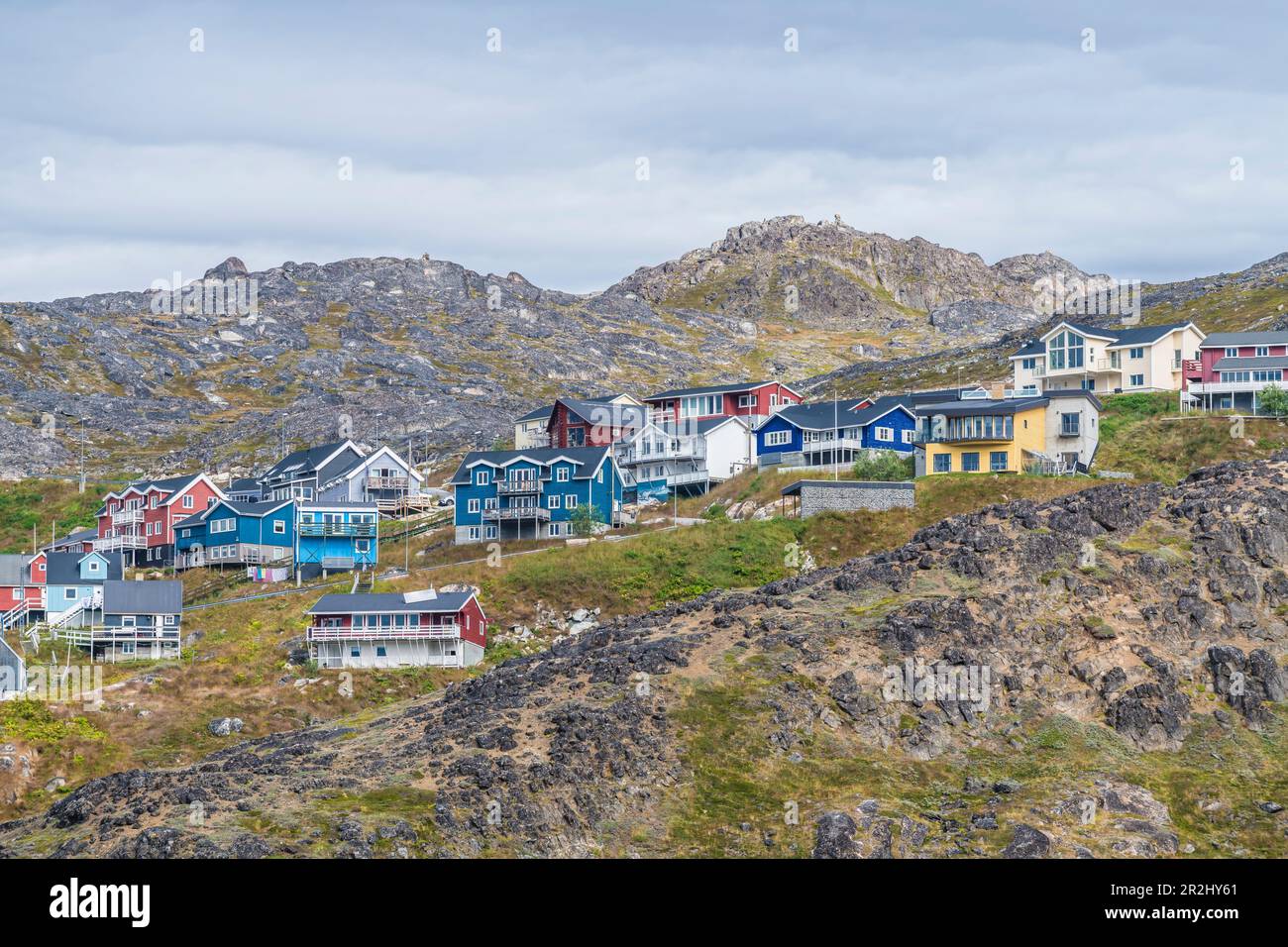 Wohnhäuser, Qaqortoq, Kujalleq Municipality, Grönland Stockfoto