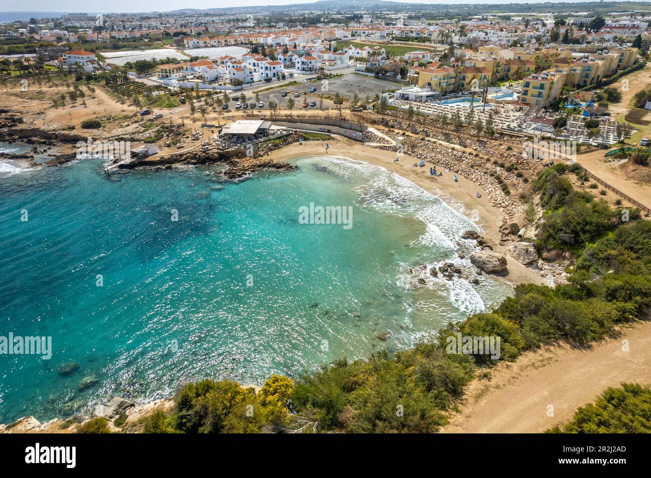 Agia Triada Beach oder Trinity Beach aus der Luft, Paralimni, Zypern, Europa Stockfoto