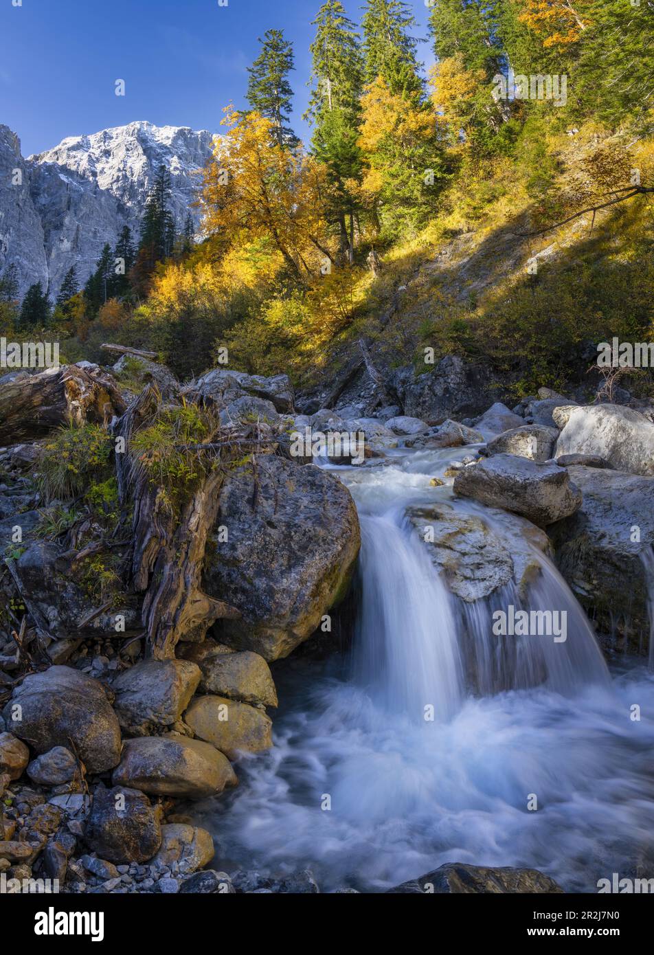 Kleiner Wasserfall auf dem Weg nach eng Grund, eng, Hinterriss, Karwendel, Tirol, Österreich Stockfoto