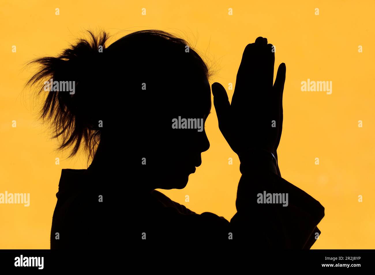 Silhouette einer Frau, die in Tempelglauben und Spiritualität betet, Vietnam, Indochina, Südostasien, Asien Stockfoto