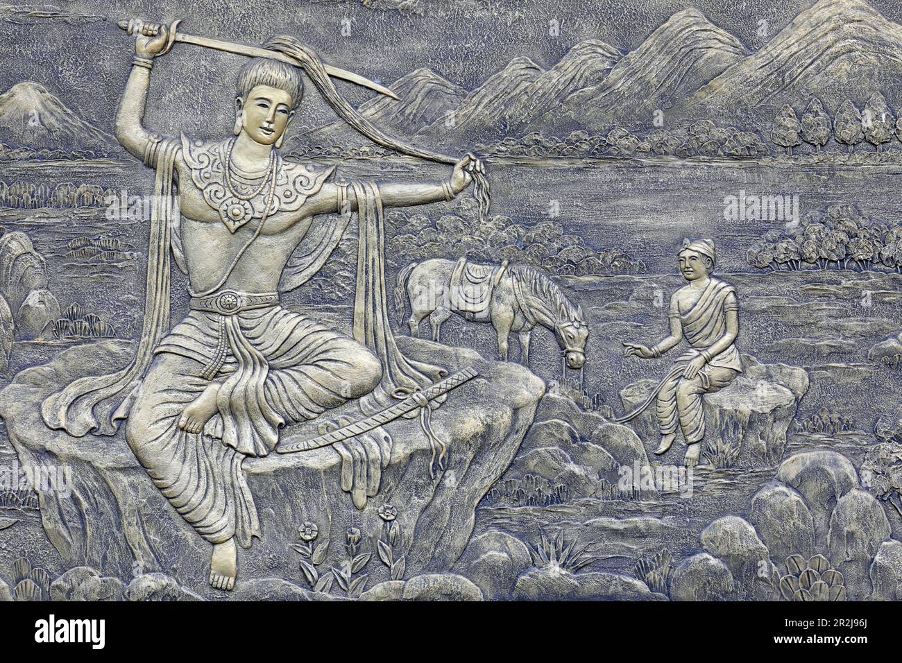 Tinh Xa Ngoc Chau Pagode, das Leben Buddhas, Siddhartha Gautama, Prinz Siddhartha, der Haare abschneidet, um dem weltlichen Leben am Ufer des Anoma River zu entsagen Stockfoto