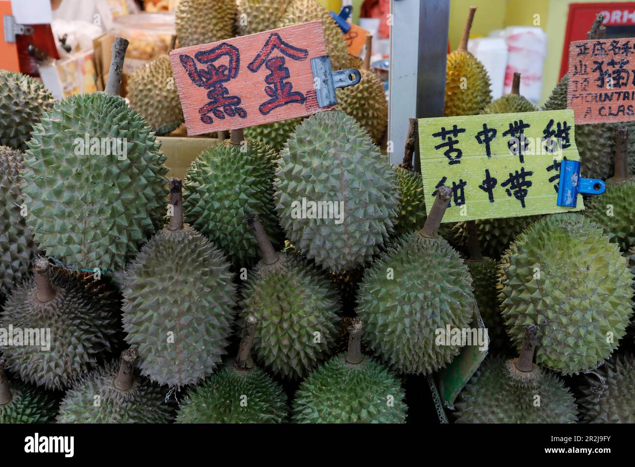 Durianfrucht zum Verkauf auf einem kleinen Markt in Chinatown, Singapur, Südostasien, Asien Stockfoto