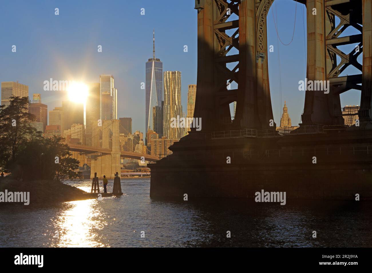 Blick auf das World Trade Center und den Beekman Tower (8 Spruce Street), einen Frank O. Gehry Wolkenkratzer mit einem Pier der Manhattan Bridge, Bridge Park, Brook Stockfoto