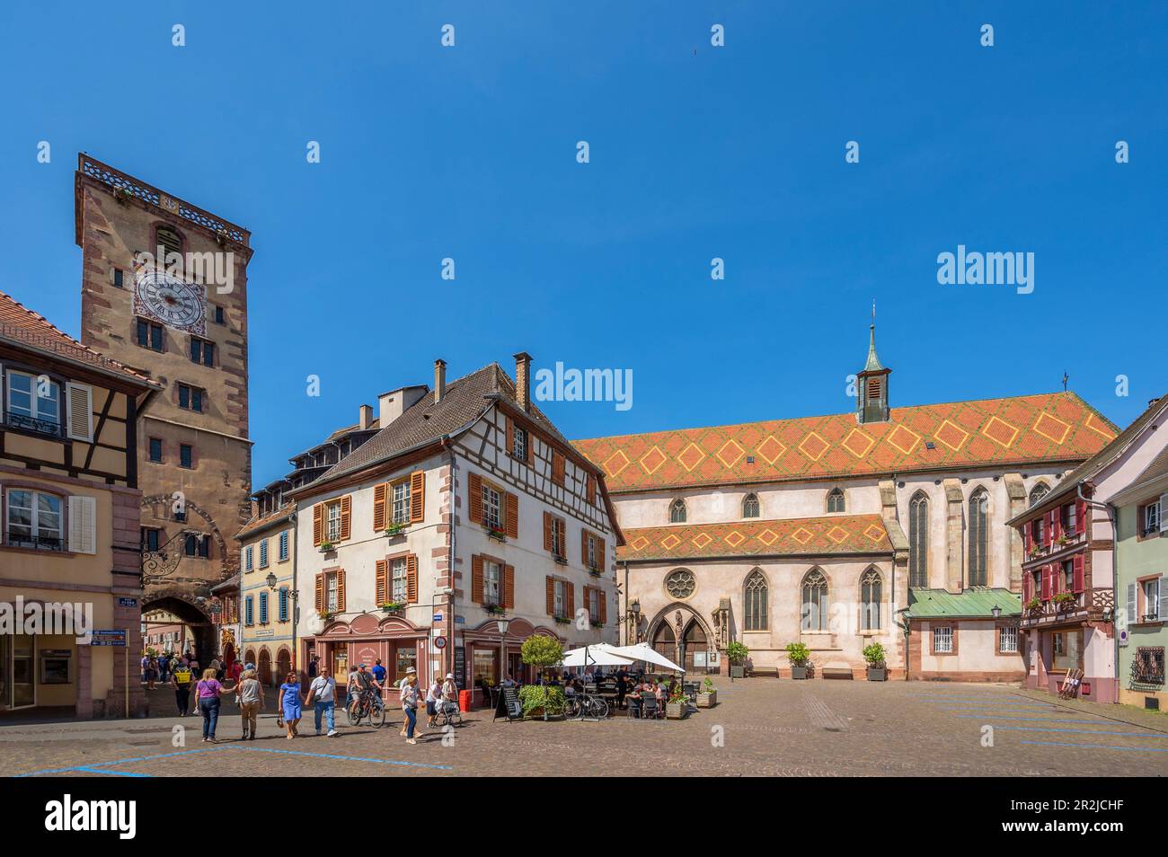 Tour des Bouchers, Grand Rue, Ribeauville, Rappoltsweiler, Haut-Rhin, Route des Vins d'Alsace, Elsass Weinstraße, Grand Est, Elsass-Champagne-Ardenne- Stockfoto