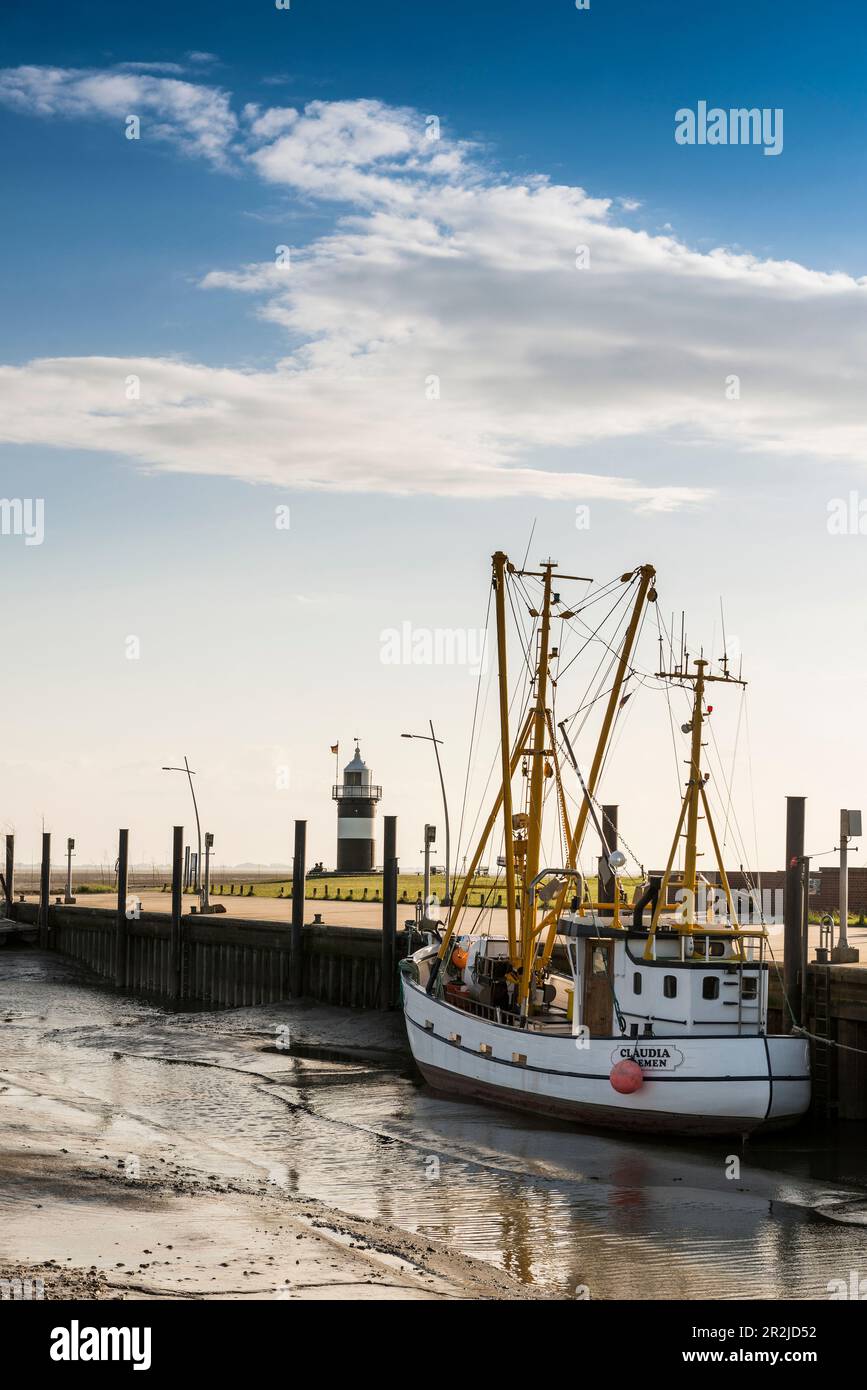 Schwarzweißer Leuchtturm, kleiner Preusse Leuchtturm, Wremen, Waddenmeer, Nordsee, Niedersachsen, Deutschland Stockfoto