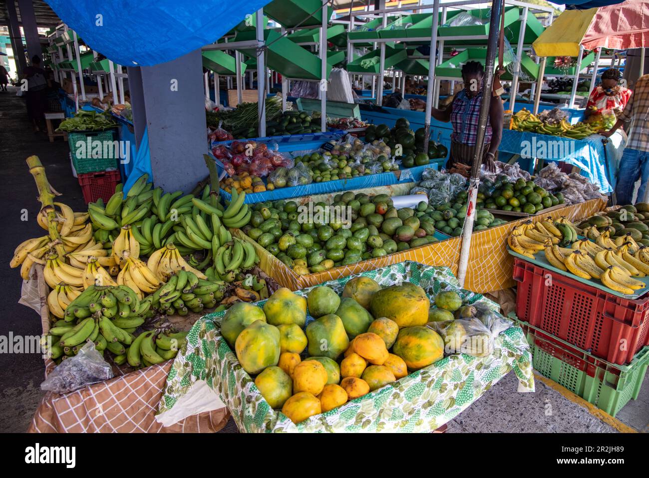 Mangos, Bananen und andere tropische Früchte zum Verkauf auf dem Zentralmarkt von Cahei, Caevi, St. Lucia, Karibik Stockfoto