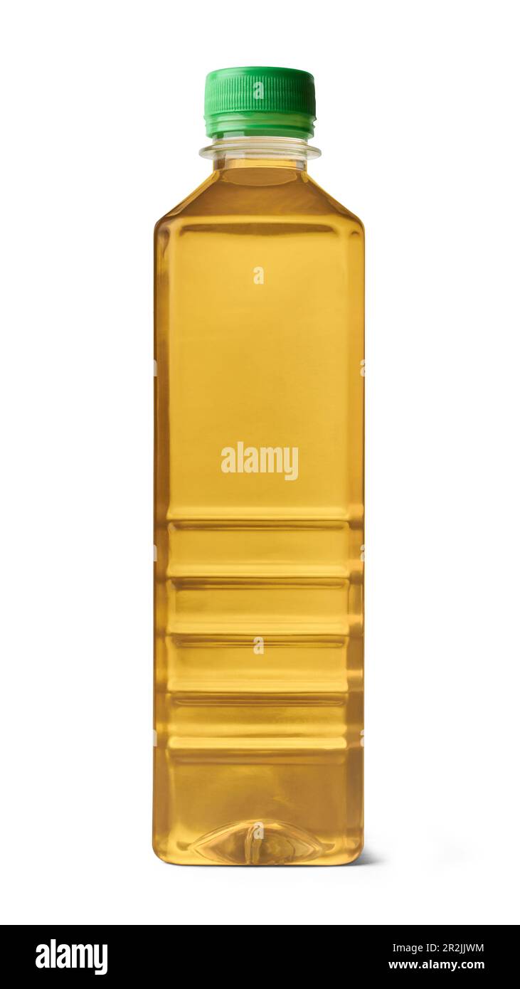 Flasche Kokosöl auf weißem Hintergrund isoliert, vielseitiges Öl aus reifer Kokosnuss, verwendet zum Kochen, für medizinische Zwecke und kosmetische Zwecke Stockfoto