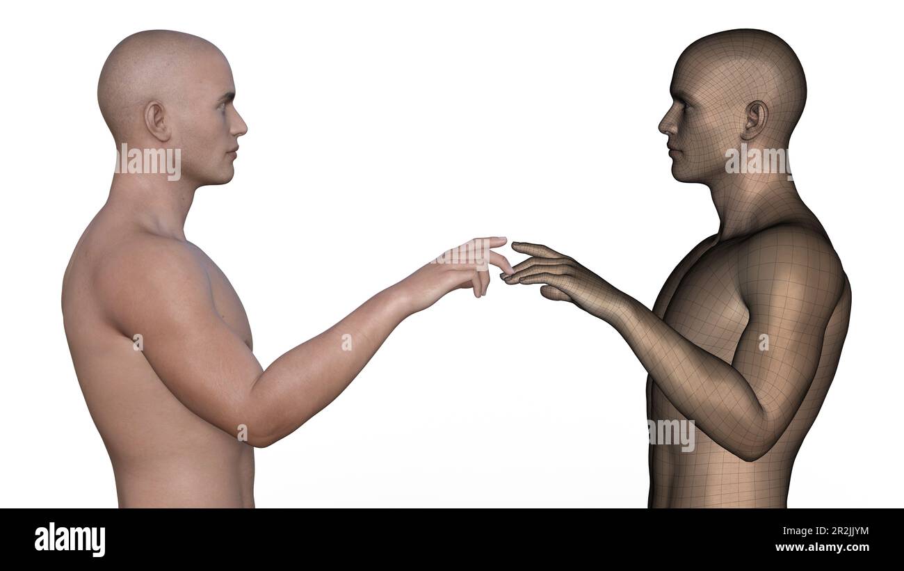 Mann und männliches Drahtmodell berühren sich mit Zeigefingern auf weißem Hintergrund. Stockfoto