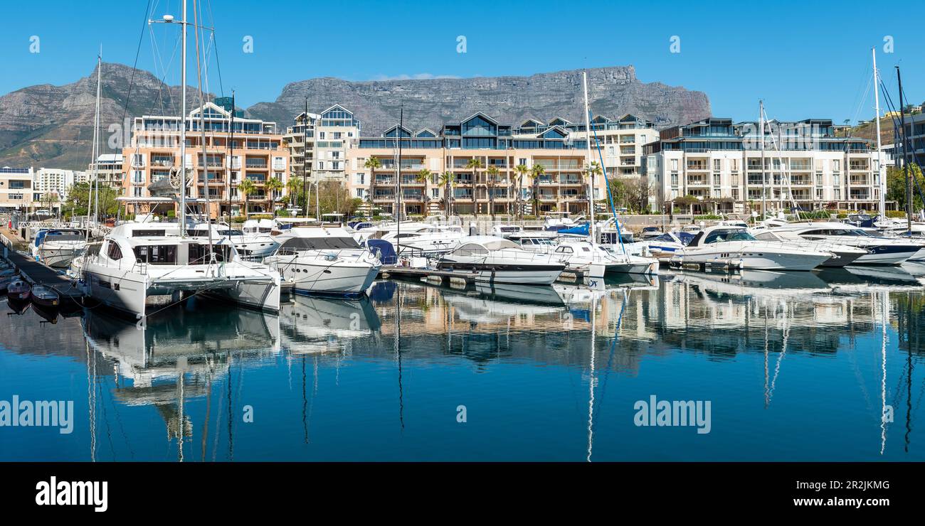 Yachtschiffe Panorama im Hafen von Kapstadt mit Tafelbergreflexion, Kapstadt, Südafrika. Stockfoto