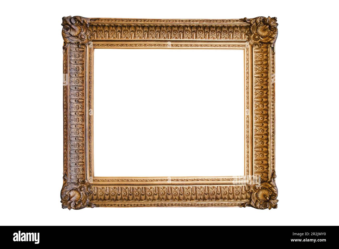 Holz alt klassisch breiter Bilderrahmen weißer Hintergrund isoliertes Gold breites klassisches Aussehen Galerie voller Edel Stockfoto