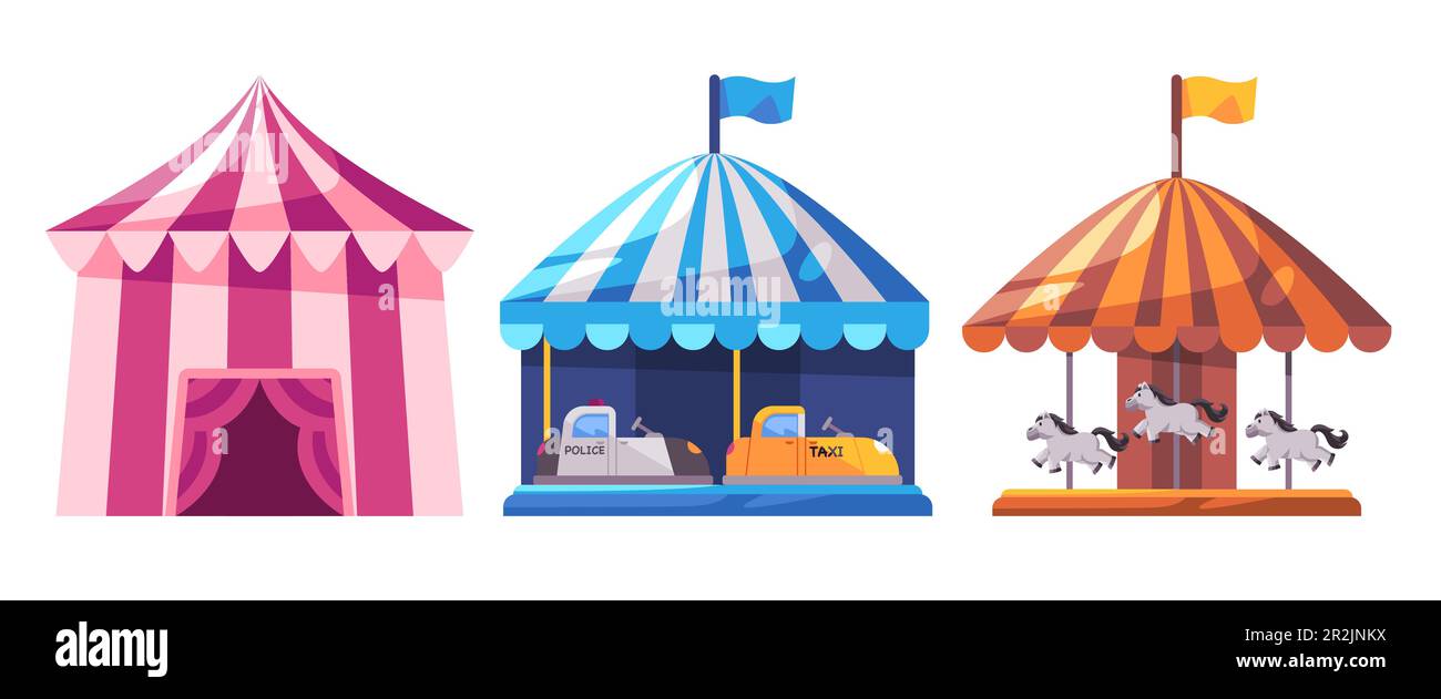 Vergnügungspark Urlaubsfestival Spaß Messegelände Outdoor-Aktivitäten Freizeitpark Reitkarussell Stock Vektor