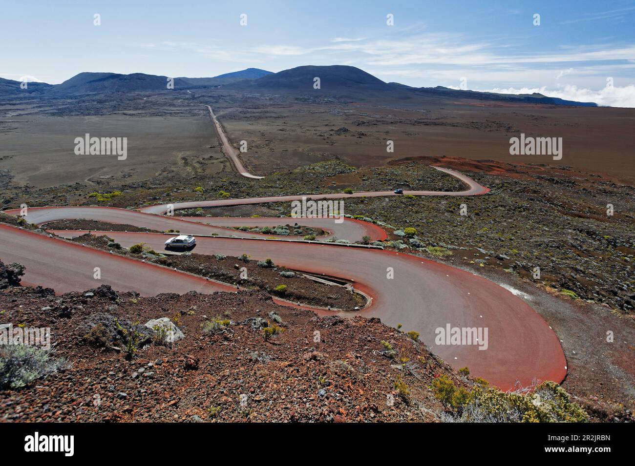 Blick auf Landstraße in einer Ebene, Plaine des Sables, La Réunion, Indischer Ozean Stockfoto