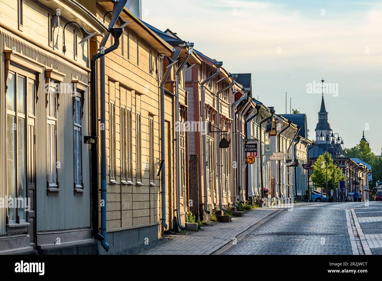 Bunte Holzhäuser, Straßenszenen in der Altstadt von Rauma, Westküste, Finnland Stockfoto