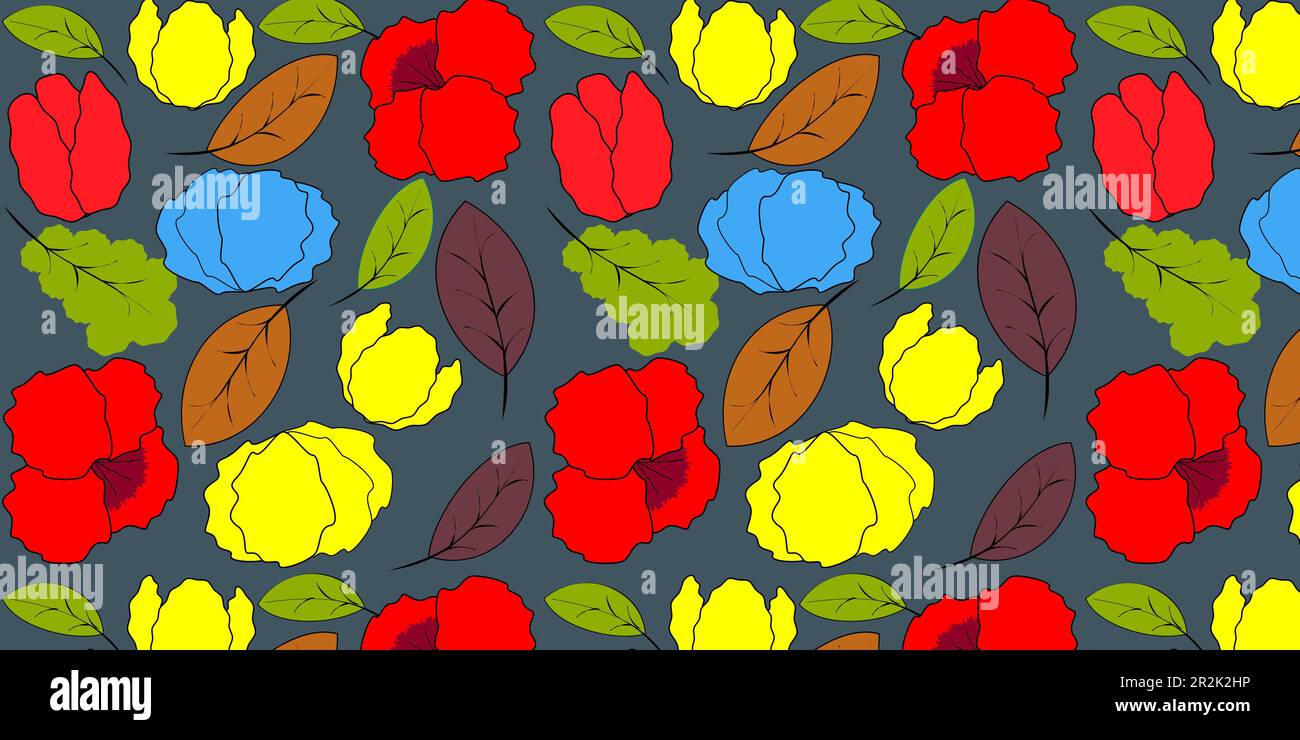 Nahtloses Vektormuster von hellen mehrfarbigen Blumen auf blauem Hintergrund, eine von Hand gezeichnete verzerrte Kontur.Vektor EPS10 Stock Vektor