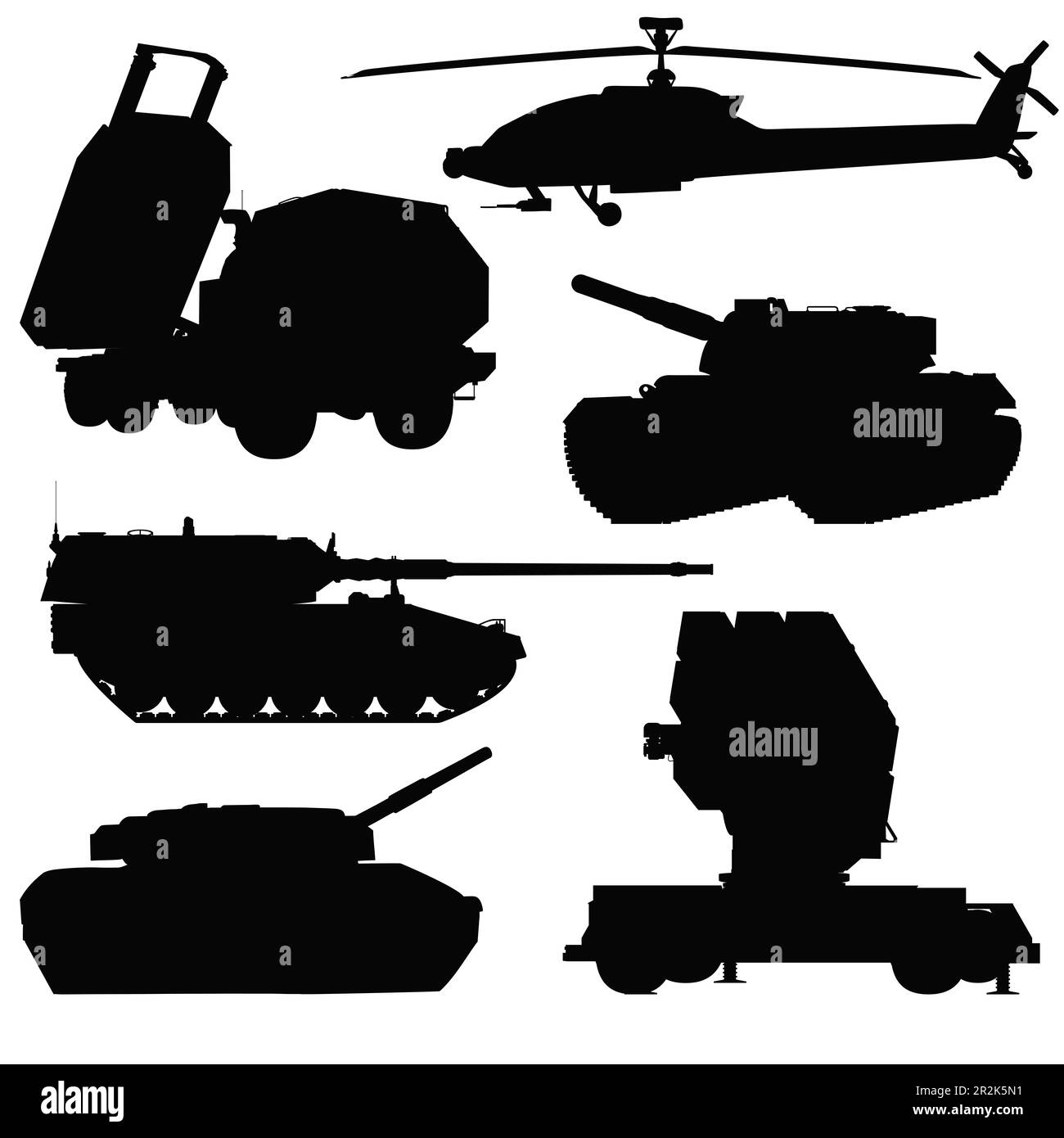 SILHOUETTENSET für Militärfahrzeuge. HIMARS, Kampfpanzer, Luftabwehrsystem. Helikopter apache. Selbstfahrende Haubitze. Abbildung isoliert auf weißem Hintergrund. Stockfoto