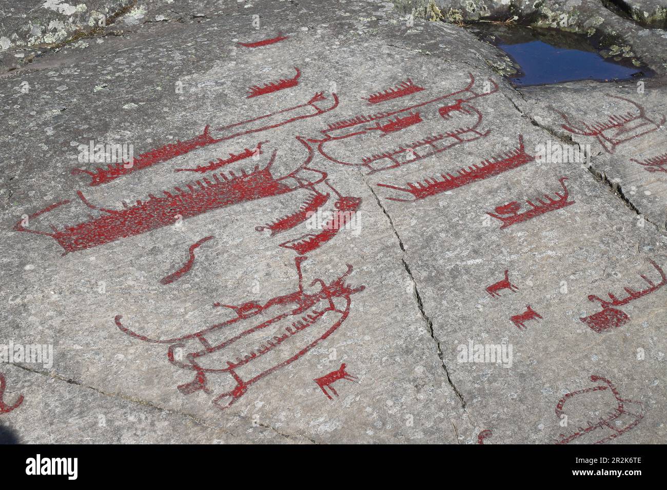 Etwa 3000 Jahre alte Felsschnitzereien in der schwedischen Stadt Norrköping mit Booten und Tieren. Stockfoto