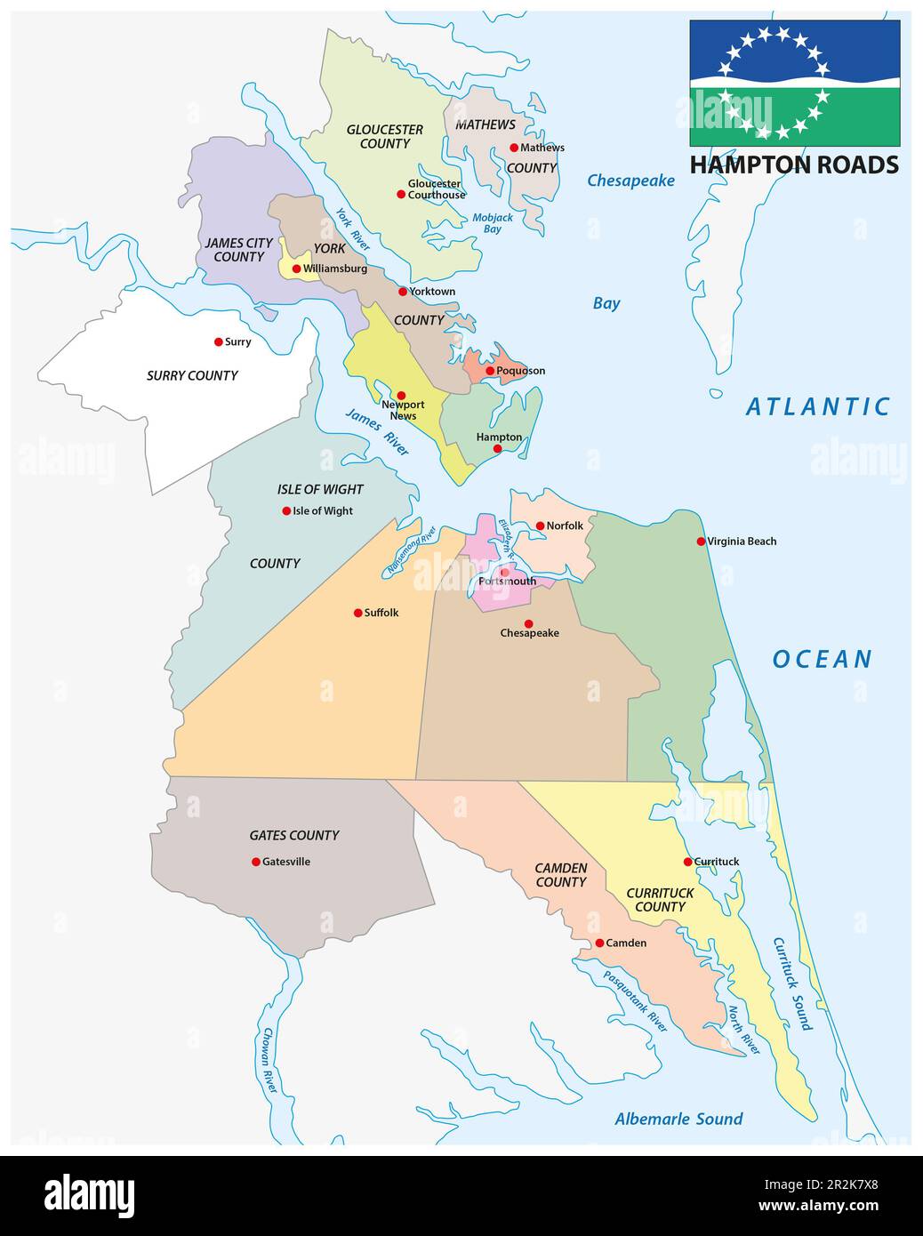 Vektorkarte von Hampton Roads Metropolitan Area, Virginia, North Carolina, USA Stockfoto