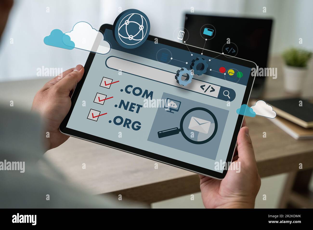 Big Data auf einer Domain-Webseite und SEO Internet Domain Name Registration Domain, Adresse Internet Network Online-Website auf einem Computer Stockfoto