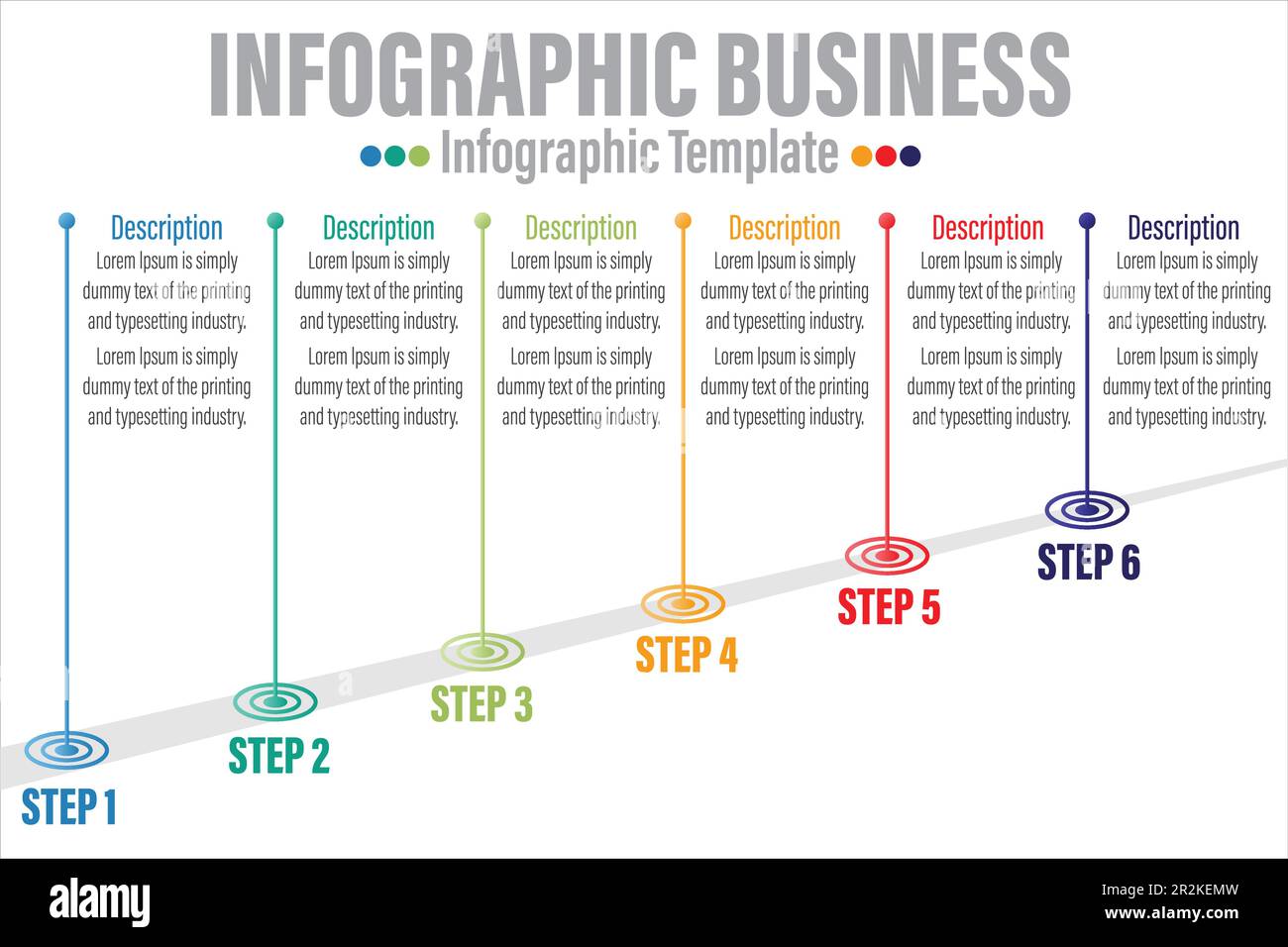Zeitachse Infografik-Vorlage für Unternehmen mit sechs 6 Schritten oder sechs 6-Optionen. Modernes Diagrammdiagramm mit Projektzeitplan und Präsentationsvektor-Infografik. Stock Vektor