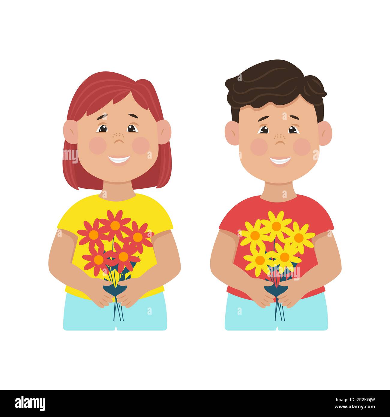 Kindertag, fröhliche Kinder mit Blumen in der Hand. Abbildung eines flachen Vektors Stock Vektor