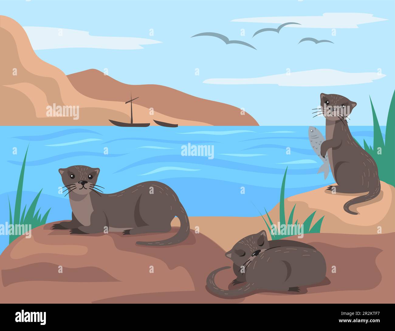 Süße Otter, die auf Steinen sitzen und liegen, Zeichentrickfilm Stock Vektor