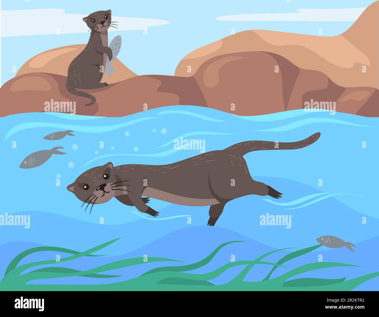 Süßer Otter, der in einem Cartoon schwimmt Stock Vektor