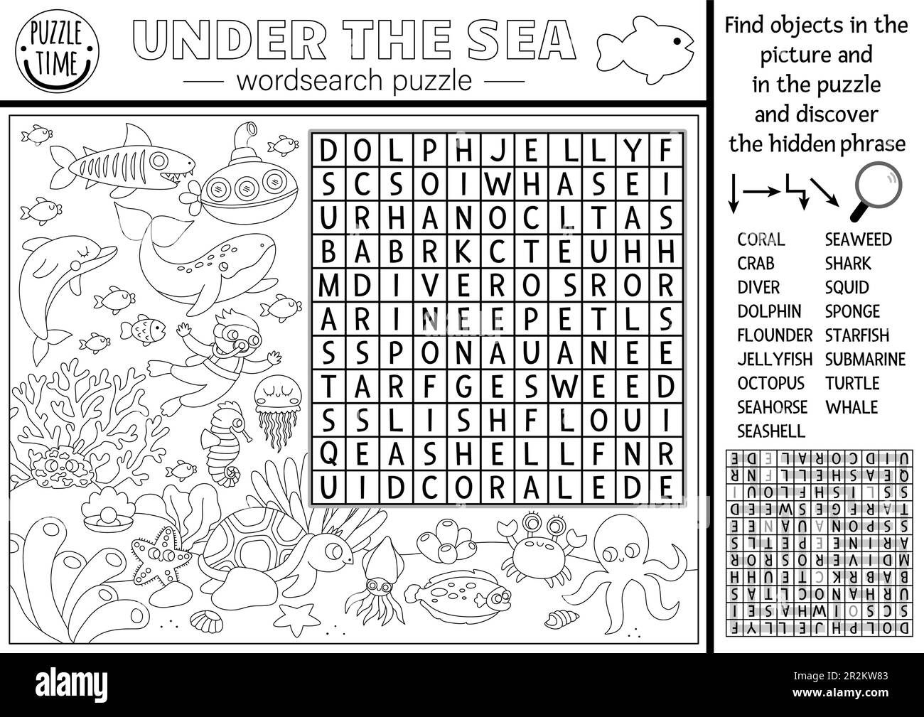 Vector Schwarzweiß unter dem Meer, Wortschreibrätsel für Kinder. Einfaches Quiz zur Suche nach Wörtern für Kinder. Wassertiere und Fischerziehung Stock Vektor