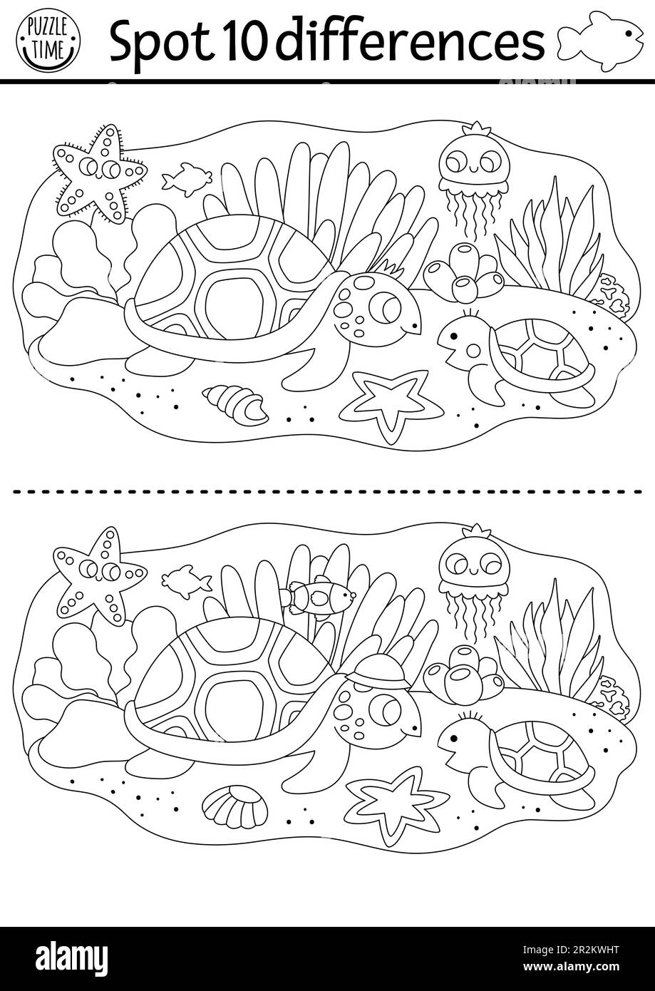 Finde das Unterschiedsspiel für Kinder. Schwarz-weiß-lehrreiche Aktivität mit süßer Schildkröte, Baby und Meereslandschaft. Ocean Life Line Puzzle für Kinder w Stock Vektor