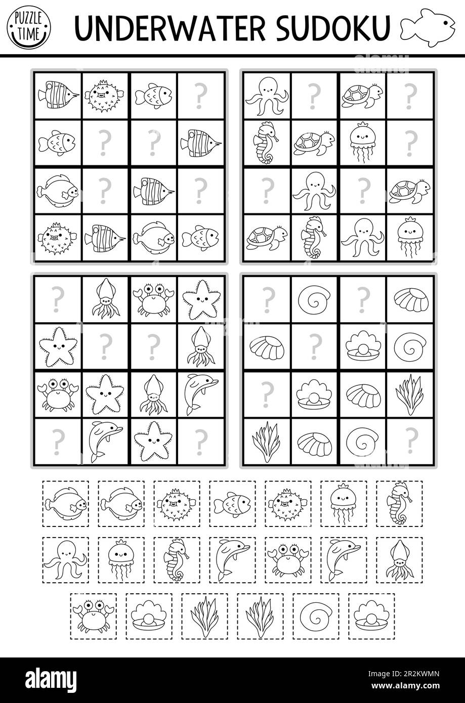 Vector Schwarz-Weiß-Sudoku-Puzzle für Kinder mit Bildern. Einfaches Quiz zum Meeresleben mit Schneide- und Kleberelementen. Bildungsaktivität Stock Vektor