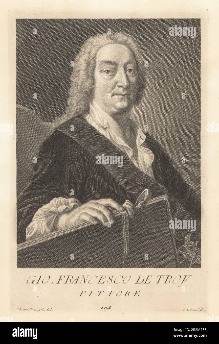 Jean-Francoois de Troy, französischer Rokoko-Staffelei- und Freskomaler, Zeichner- und Wandteppich-Designer, 1679-1752. Direktor der Französischen Akademie in Rom. In Perückenpulver mit Schärpe des Ordens St. Louis, er hat ein Portfolio von Zeichnungen. Gio. Francesco de Troy, Pittore. Copperplate-Gravur von Pietro Antonio Pazzi nach Giovanni Domenico Campiglia nach einem Selbstportrait des Künstlers aus Francesco Moucke's Museo Florentino (Museum Florentinum), Serie di Ritratti de Pittori (Serie von Maler-Porträts) stamperia Mouckiana, Florenz, 1752-62. Stockfoto