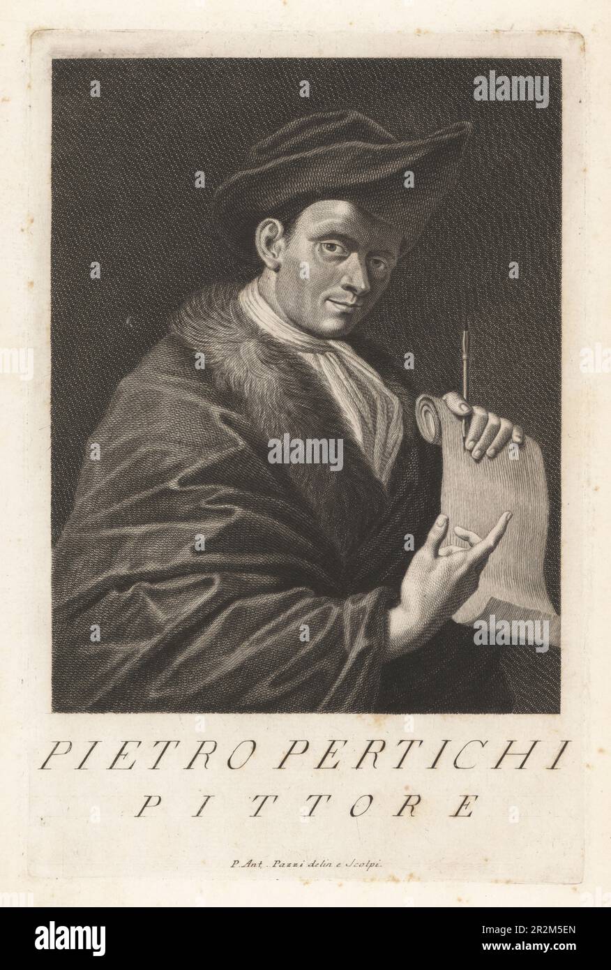 Pietro Pertichi, italienischer Maler und Zeichner, 1675-1756. In Mütze und Pelzmantel, Stift und Rolle halten. Pittore. Copperplate-Gravur gezeichnet und graviert von Pietro Antonio Pazzi nach einem Selbstporträt des Künstlers aus Francesco Moucke's Museo Florentino (Museum Florentinum), Serie di Ritratti de Pittori (Serie von Porträts der Maler) stamperia Mouckiana, Florenz, 1752-62. Stockfoto