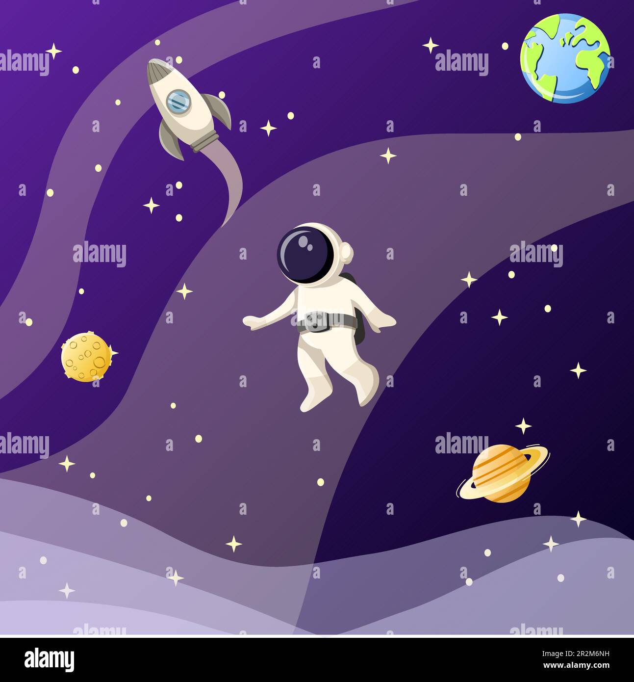 Abbildung des Raumes. Raumschiff, Raumfahrer, saturn, Mond, Planet Erde. Bearbeitbares Vektorgrafikdesign. Stock Vektor