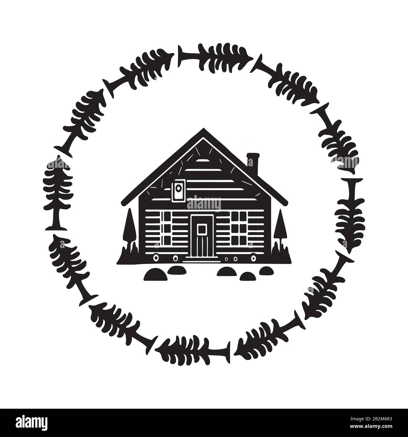 Holzkabine in scandi Linocut-Vektordarstellung. Alpenhütte im Landurlaub Dorf Cartoon. Stock Vektor