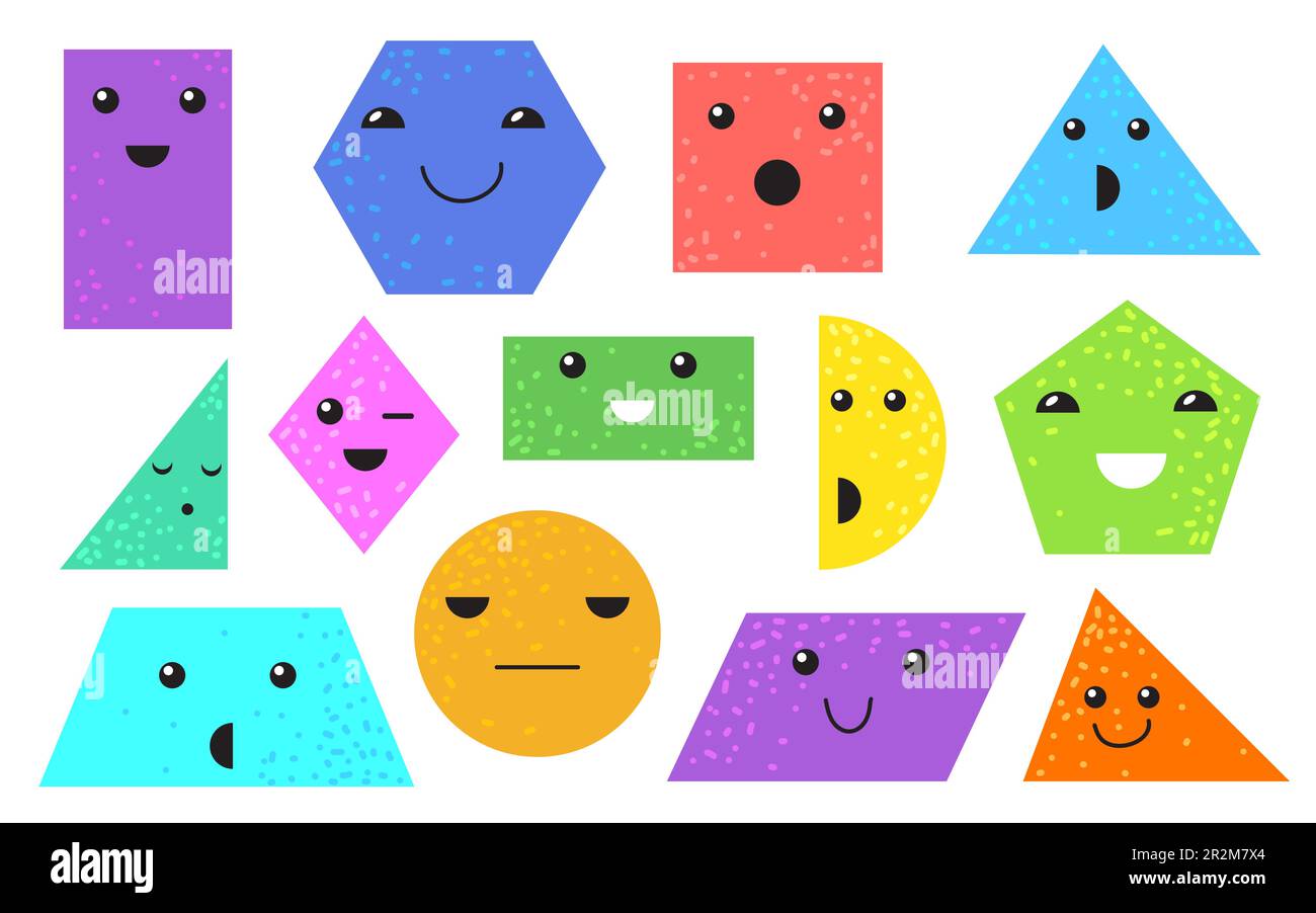 Verschiedene geometrische Figuren mit Gesichtern Zeichentrickset Stock Vektor
