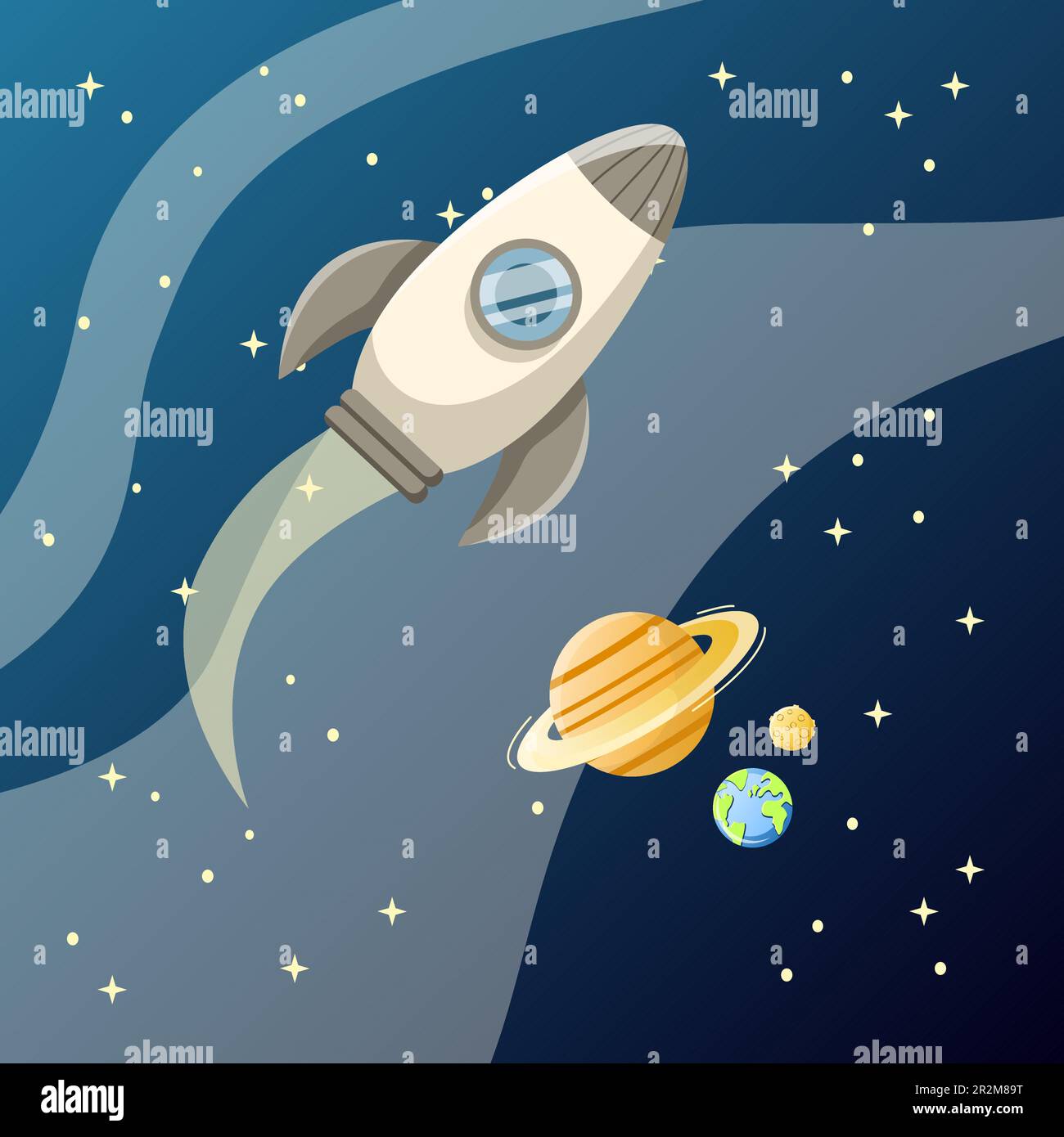 Weltraumschiff-Illustration. Rakete, Sterne, saturn, Erde, Mond. Bearbeitbares Vektorgrafikdesign. Stock Vektor