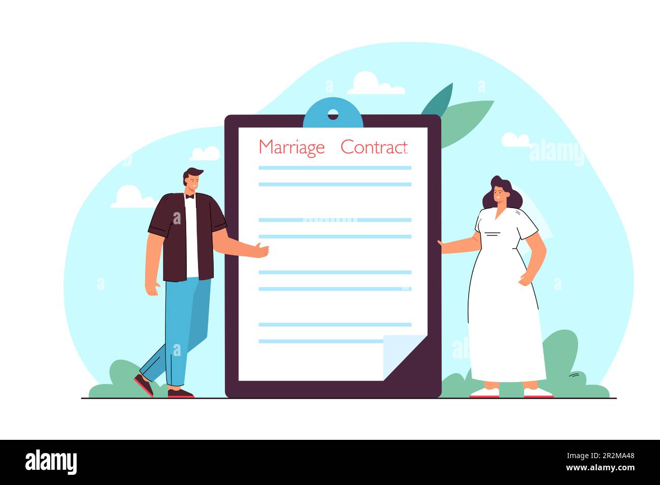Bräutigam und Braut stehen neben der Akte mit Ehevertrag Stock Vektor