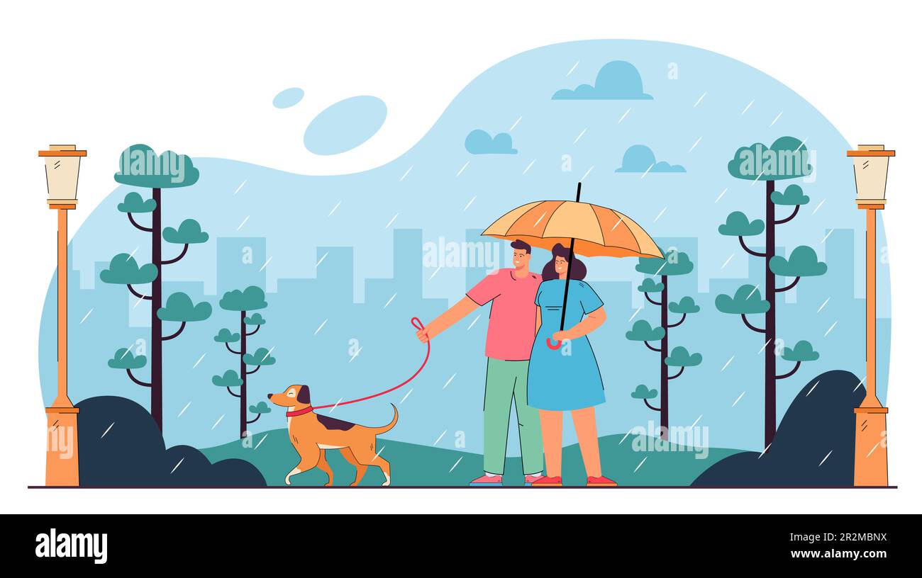 Ein Paar, das bei schlechtem, regnerischem Wetter mit einem Hund spaziert Stock Vektor