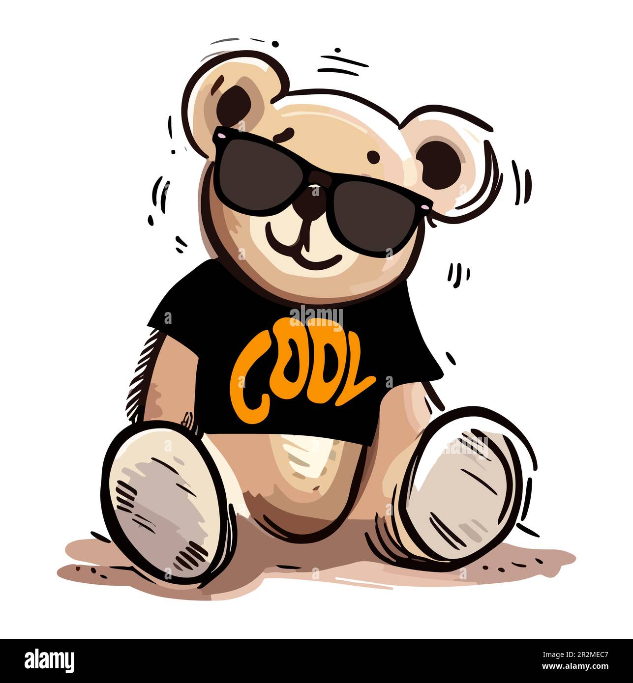 Cooler Teddybär in schwarzer Sonnenbrille und T-Shirt. Niedlicher Bär Puppe Handgezeichnete Vektorgrafik isoliert auf weißem Hintergrund Stock Vektor