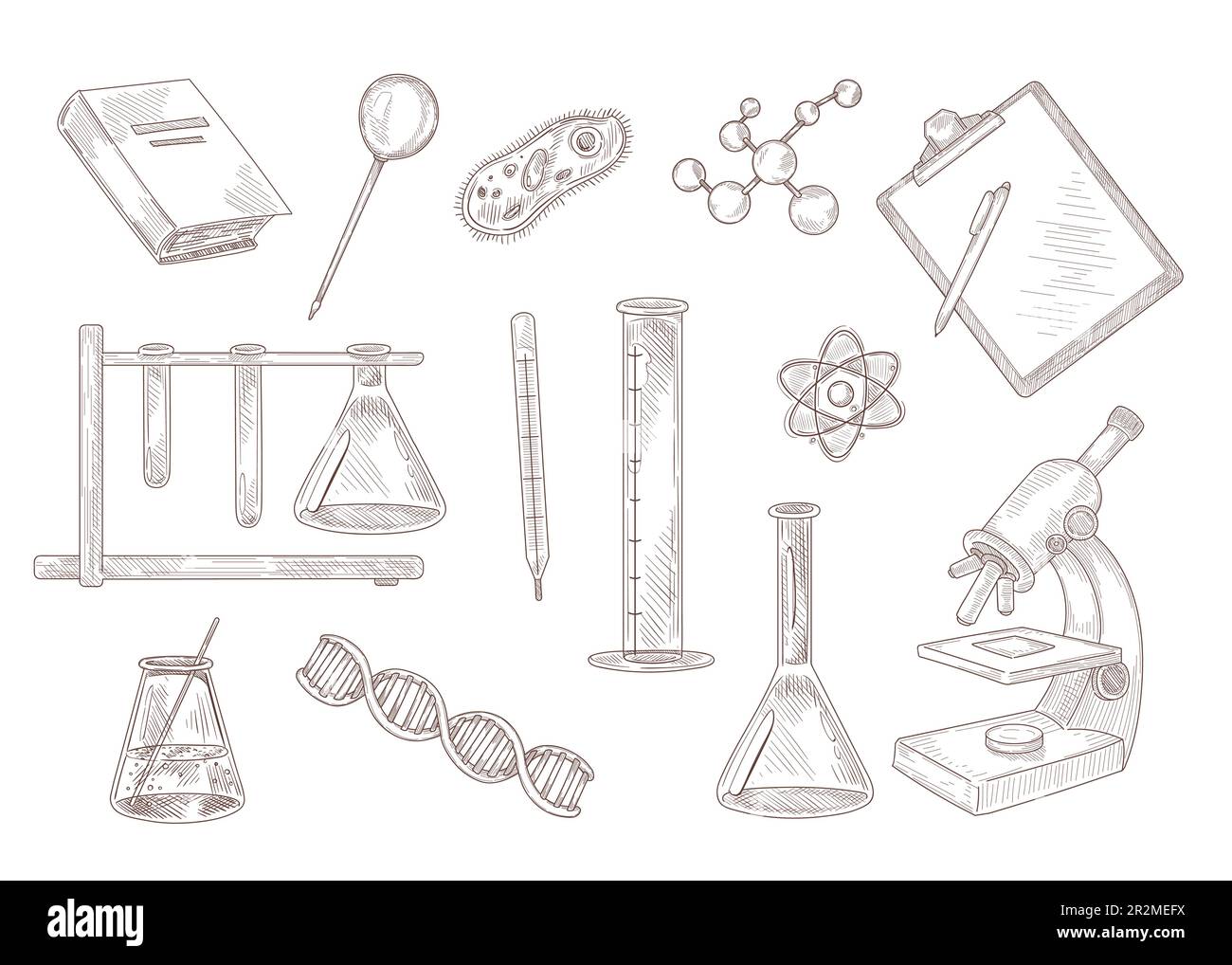 Ein Satz gravierender Zeichnungen von Symbolen der Wissenschaft Stock Vektor
